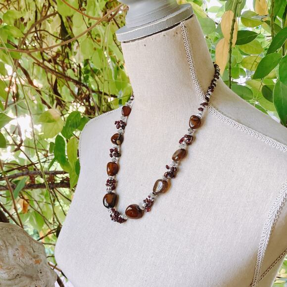 Vintage Brown Gemstone Agate Garnet Silver Tone Beaded Necklace 22" Boho Jewelry - Picture 2 of 16